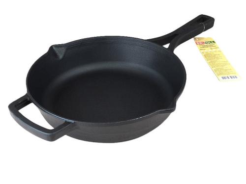 Brizoll patelnia żeliwna Monolith o średnicy 260 mm i wysokości 60 mm z ergonomicznym uchwytem.