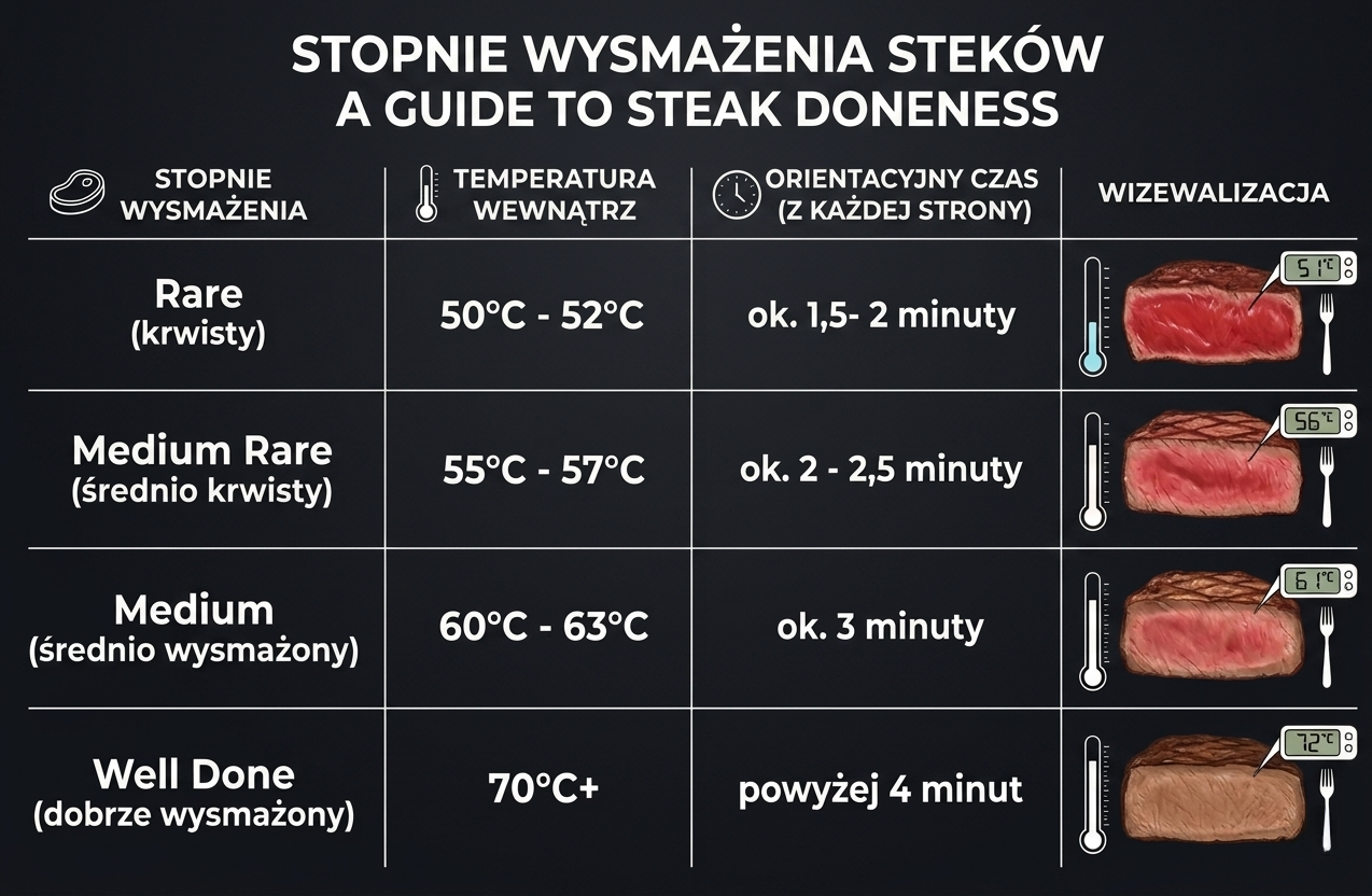 Stopnie i czas wysmażenia steków
